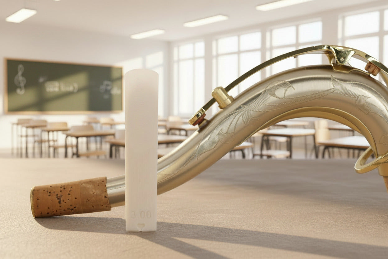 A close-up of a brass saxophone curved over a light surface, with a cork mouthpiece holder and a white reed standing upright in a softly lit indoor room.